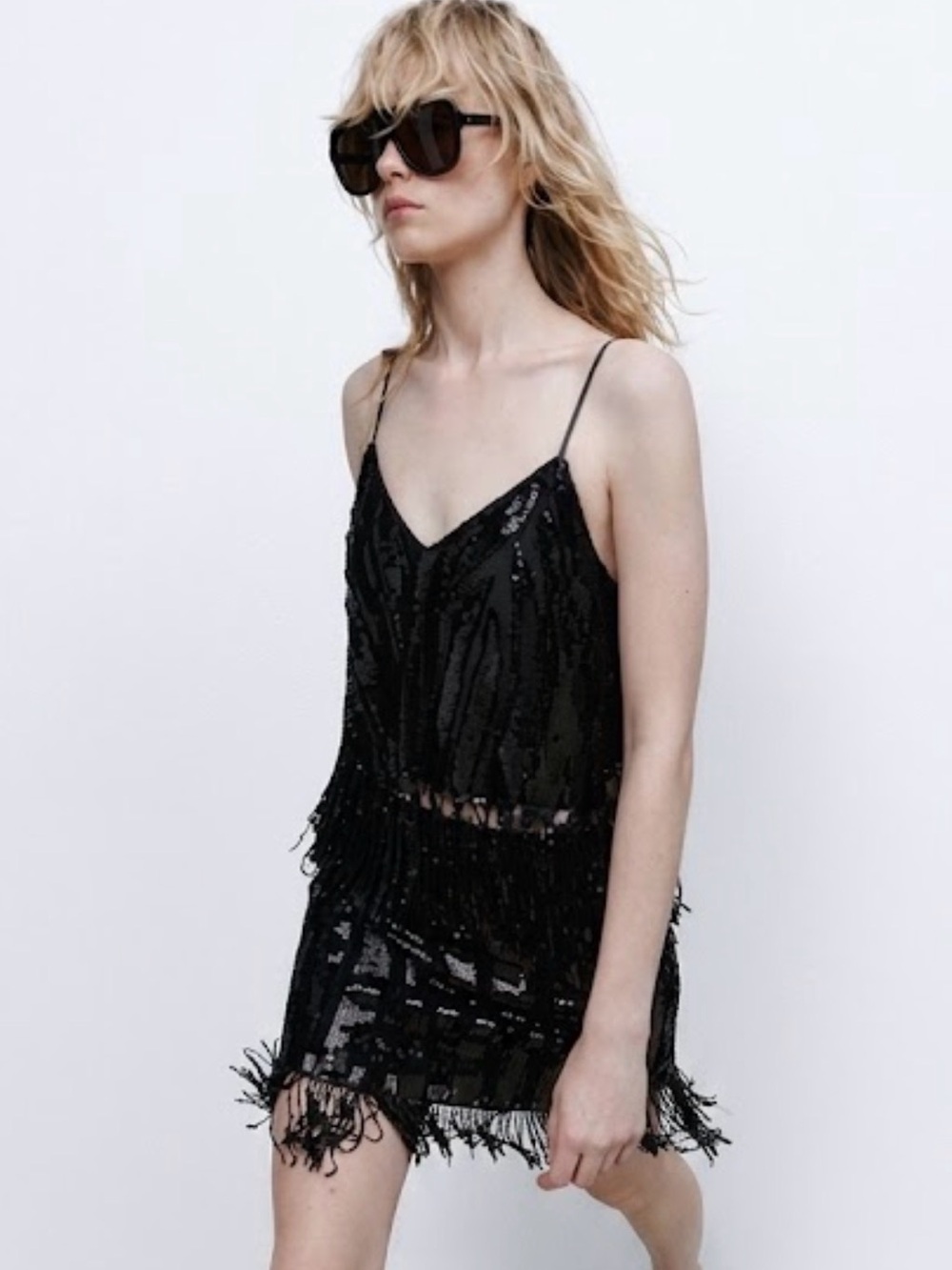 NWT Zara Woman Bloggers Fav Sequined FRINGED SEQUIN SKIRT Black Size XS